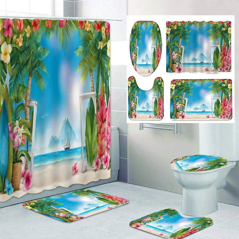 

Beach tropical plant Shower Curtains Bathroom Sets Waterproof Non-Slip Bathroom Rug Toilet U With 12 Hooks Home Deco Free Ship