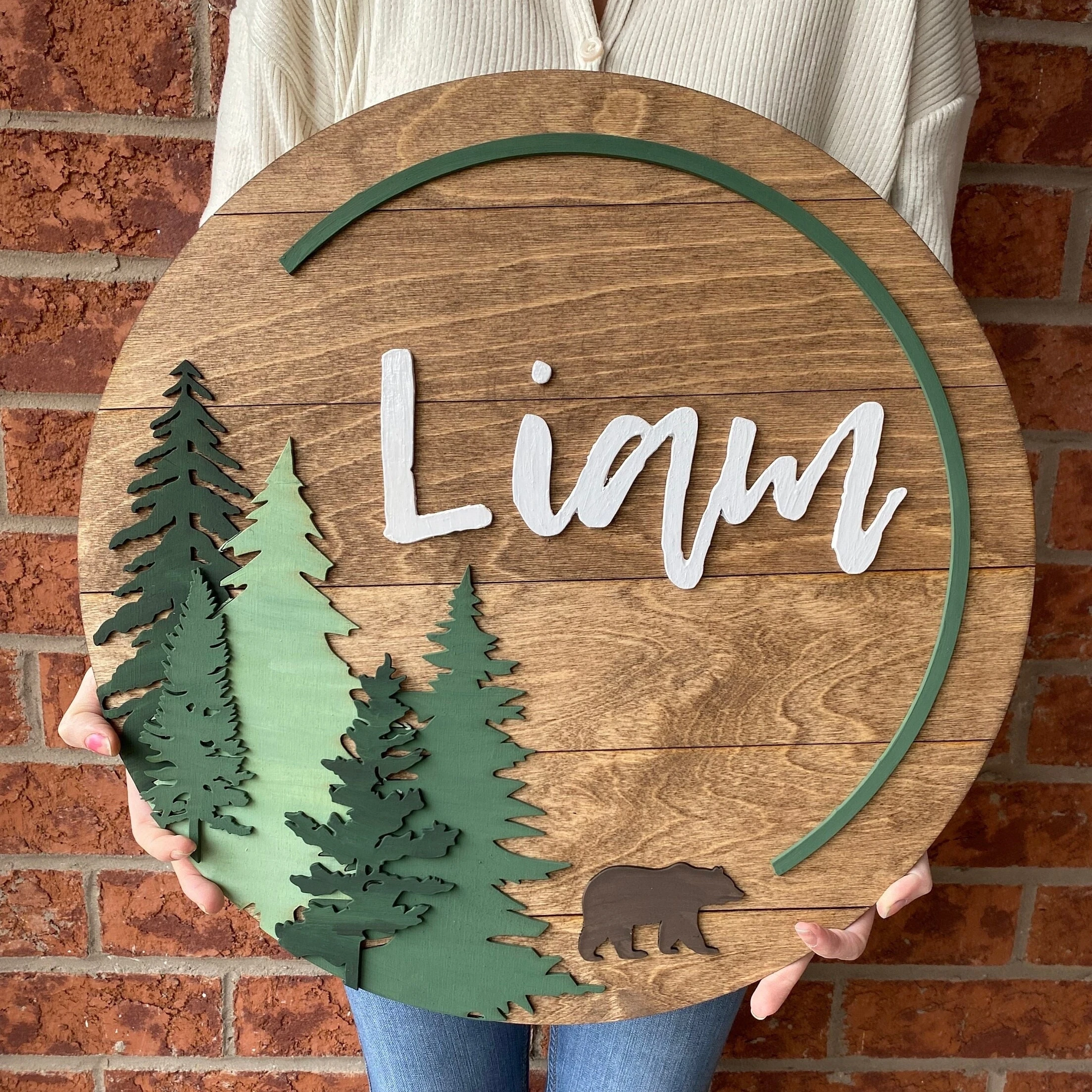 Woodland Nursery Sign Personalized 3D Wooden Round Name Sign for Boys Room Outdoor Inspired Nursery Decor Custom Wood Nameplate