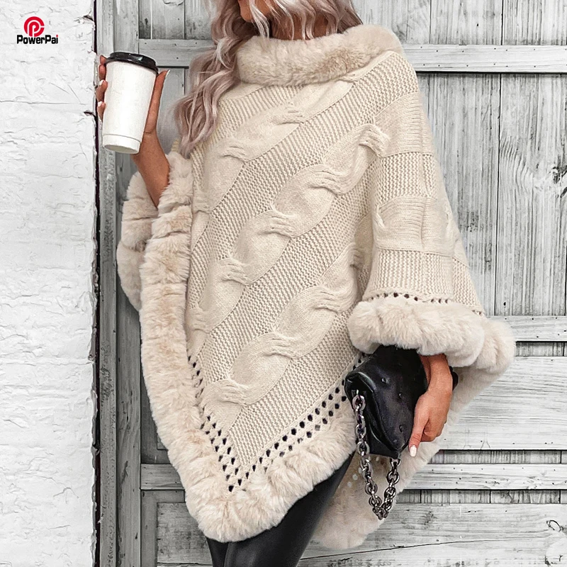 Fashion Full Trims Wavy Faux Rex Rabbit Fur Pullover Poncho Coat Autumn Winter Women Twist Weave Thick Wool Cape Cloak Wraps