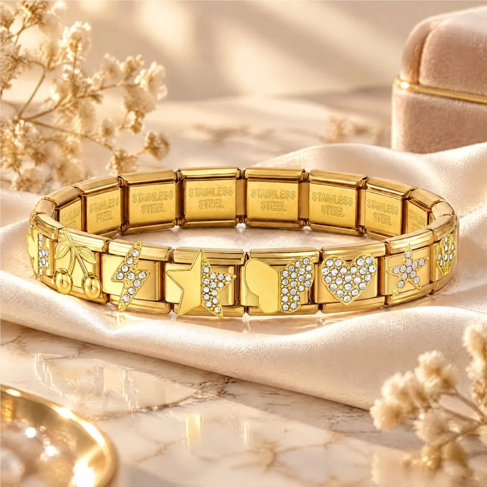 URING Clover Cherry Italian Charm 9mm Cubic Zirconia Gold Color Stainless Steel DIY Making Bracelet Beads Jewelry Fashion Gifts