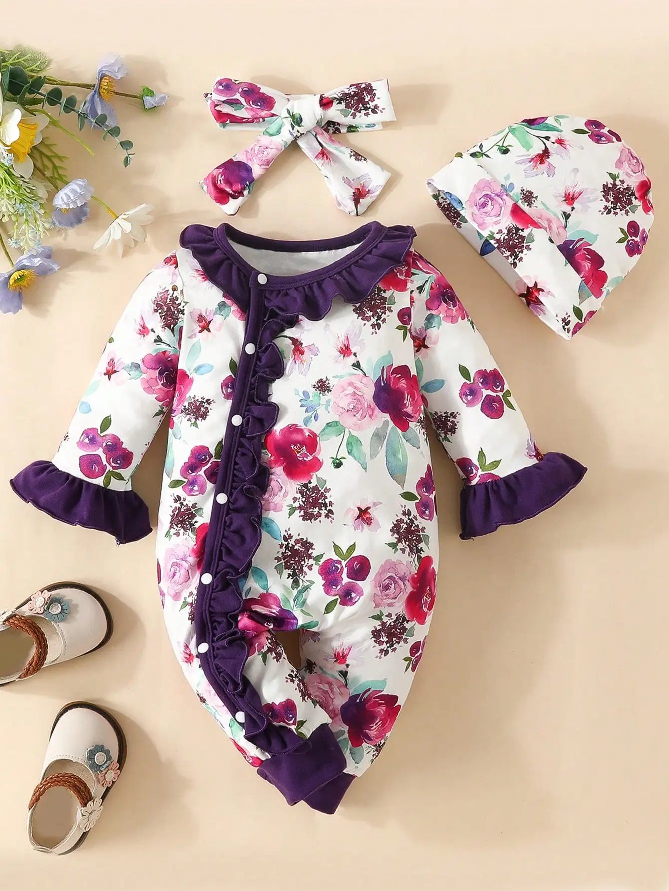 

Baby Flower Flare Sleeves Creeper Newborn Round Hat Headband jumpsuit Casual Baby Romper 3 piece set