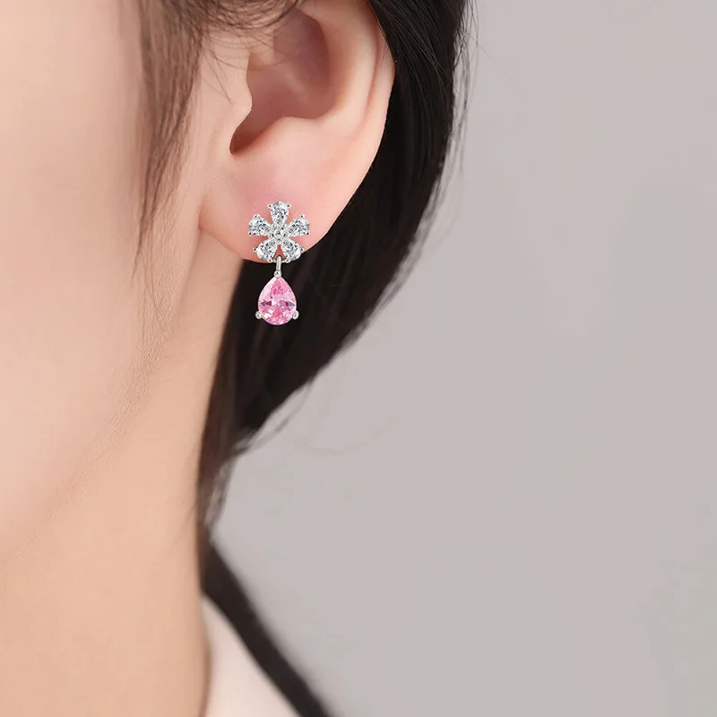Boucles d'oreilles en argent sterling 925, fleur en cristal, goutte d'eau, diamant rose, design de niche, pour robe de banquet