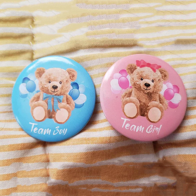 10Pc Cartoon Bear Team Boy Girl Tinplate Badges Button Pins for Gender Reveal Theme Baby Shower Birthday Party Favors Decoration