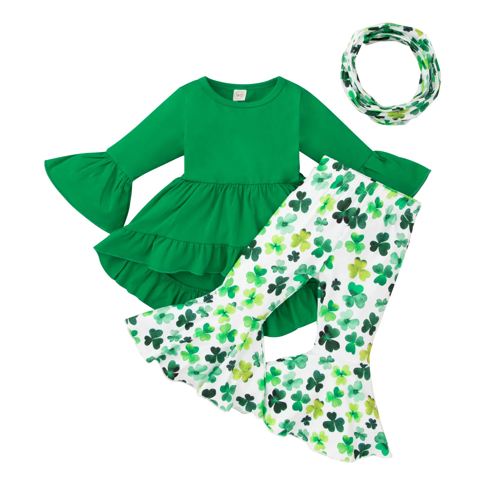 Baby Girls Cotton Long Sleeve Green Tailed T Skirt Dress +Flared Pants + Headband 3pcs Clothing Set 1-4y Toddler Kids Clothes