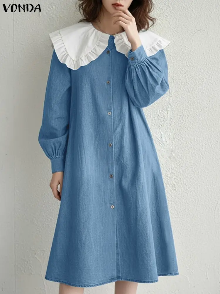 2025 VONDA Fashion Long Shirt Dress Women Autumn Long Sleeve Peter Pan Collar Party Vestidos Spring Casual Elegant Office Robe