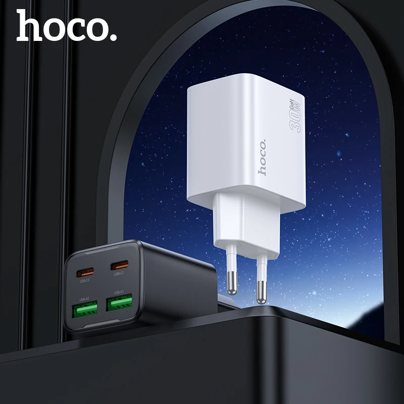 

HOCO PD30W Fast Charging Four Port Phone Charger For iPhone 15/14 Pro Max Dual USB C QC3.0 Travel Adapter For Samsung S24 S23+