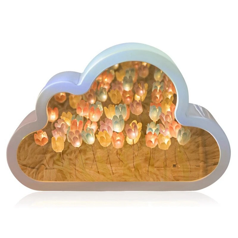 1 PCS Cloud-Mirror Night Light Handmade DIY Tulip Girl Living Room Night Light Small Mirror Desktop Light-Emitting Ornaments B