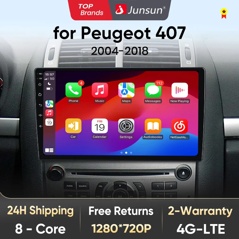 Junsun V1 AI Voice Wireless CarPlay Android Auto Radio dla Peugeot 407 2004-2008 4G Car Multimedia GPS 2din autoradio