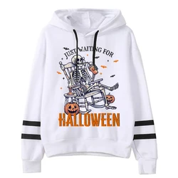 Just Waiting for Halloween Print Hoodies Women's Harajuku Skull Pumpkin Bat Hip Hop Hooded Loose Long Sleeve Y2K Sweatshirts