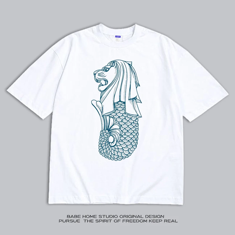 white-heavyweight-pure-cotton-half-sleeve-t-shirt-fish-tail-lion-graffiti-casual-style-spring-2025-collection