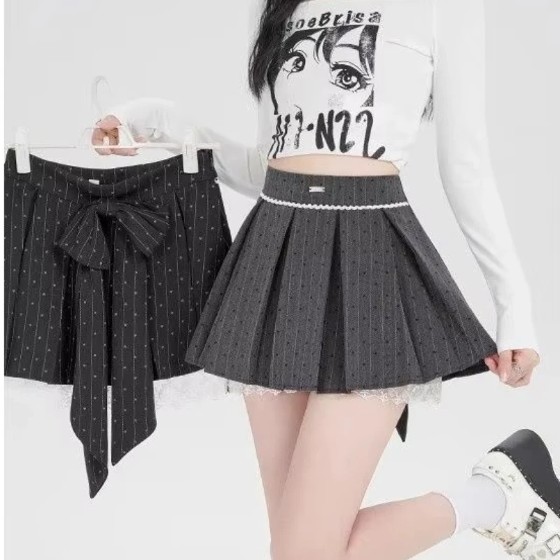 Summer Y2k Gray Pleated Mini Skirt Women Sexy Bow A-line Wrap Slim Preppy Style Skirt Fashion Chic Lace Streetwear Clothing New