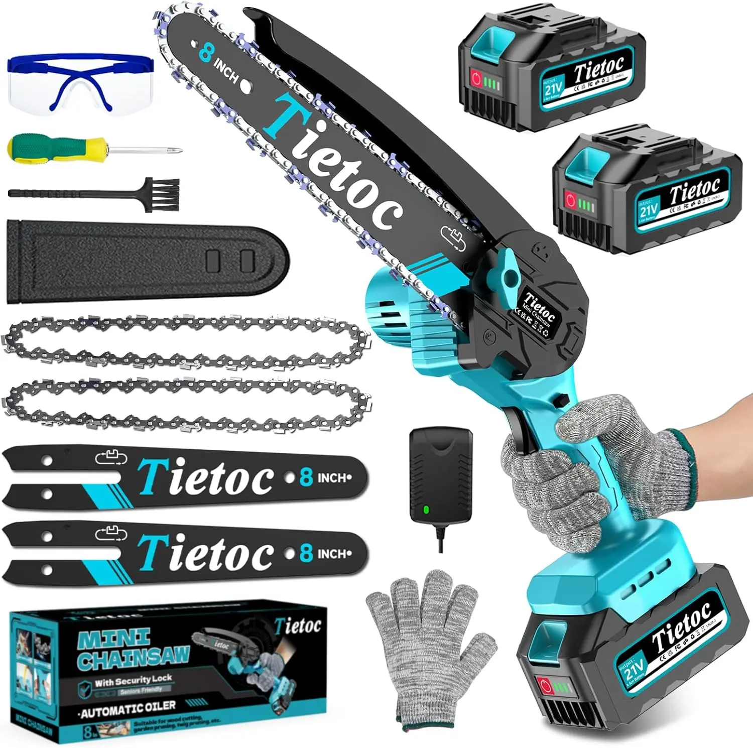 

8-Inch Cordless Mini Chainsaw with 2 Batteries & Oiler, Lightweight Handheld Saw for Garden and DIY Projects