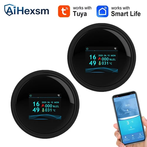 Imagen 1 del producto Tuya Wifi fugas con función de temperatura detectores de Gas Combustible soporte hogar vida inteligente Sensor de alarma de Gas Natural pantalla LCD