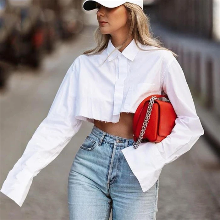

Faionable ort Crop Blouse irt Top для женщин, уличный воротник с длинным светом, облегающий однотонный топ, лето 2023, лето