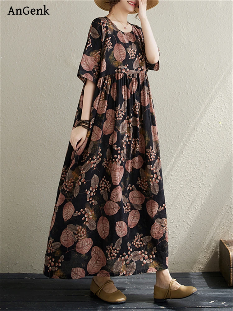 

2024 New Summer Cotton Vintage Casual Loose Print Dresses For Women Short Sleeve Dress Femme Robe Vestidos Elegant Long Clothing