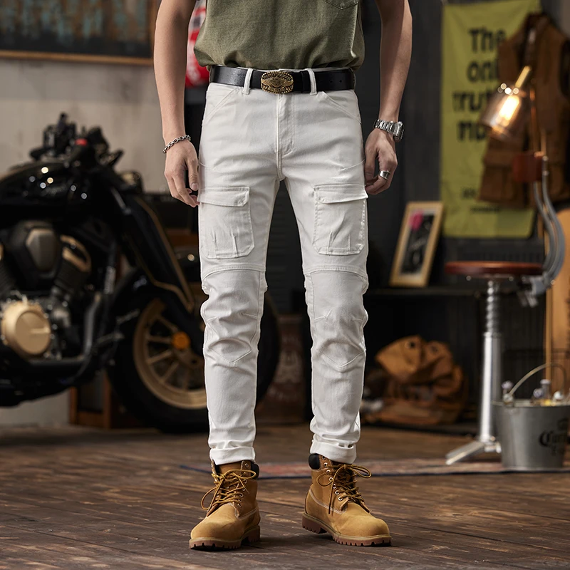 White motorcycle jeans men's fashion brand multi-pocket design Stretch Slim fit skinny personality smart trousers