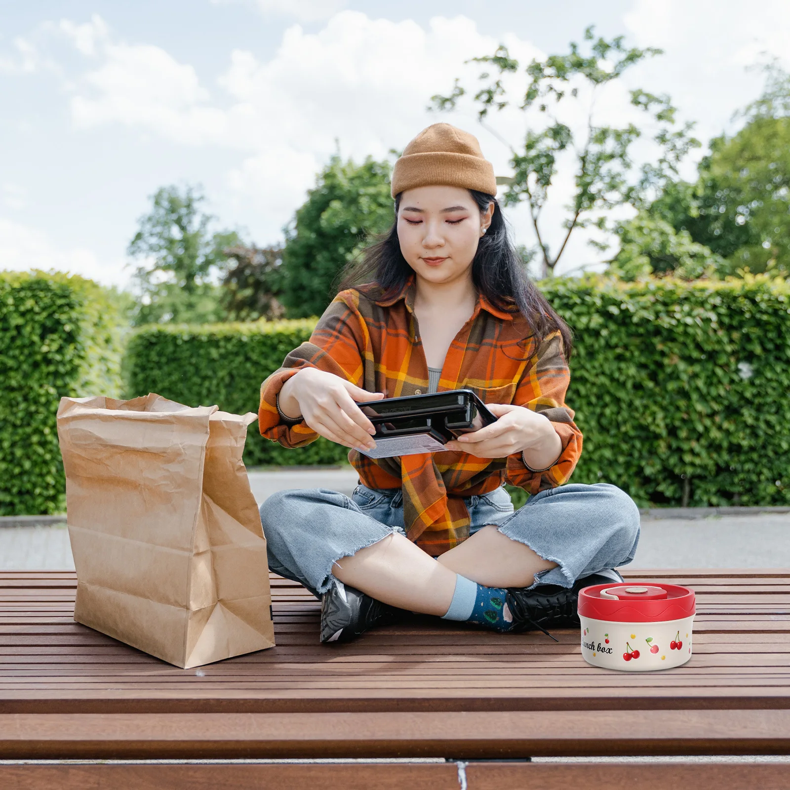 

420ml Stainless Steel Lunch Box Cherry Pattern Leak-Proof Microwavable Thermal Food Container Portable Insulated Bowl