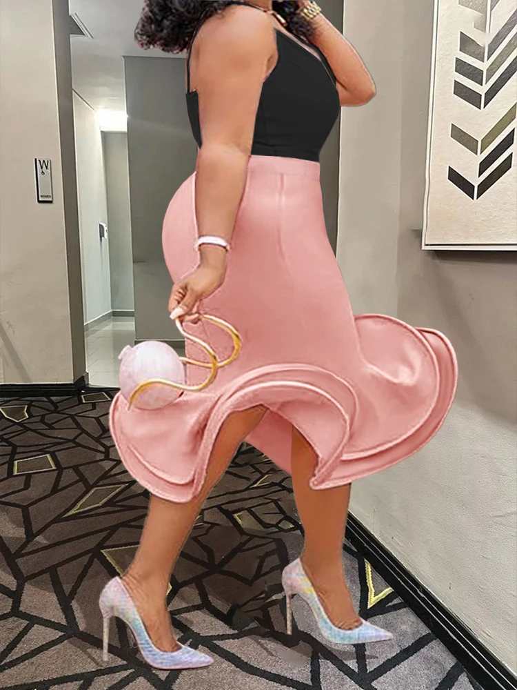 Pink Skirts Plus Size 3XL 4XL High Waist Midi Ruffles Office Lady Evening Cocktail Event Occasion Mermaid Skirt Fishtail Jupes