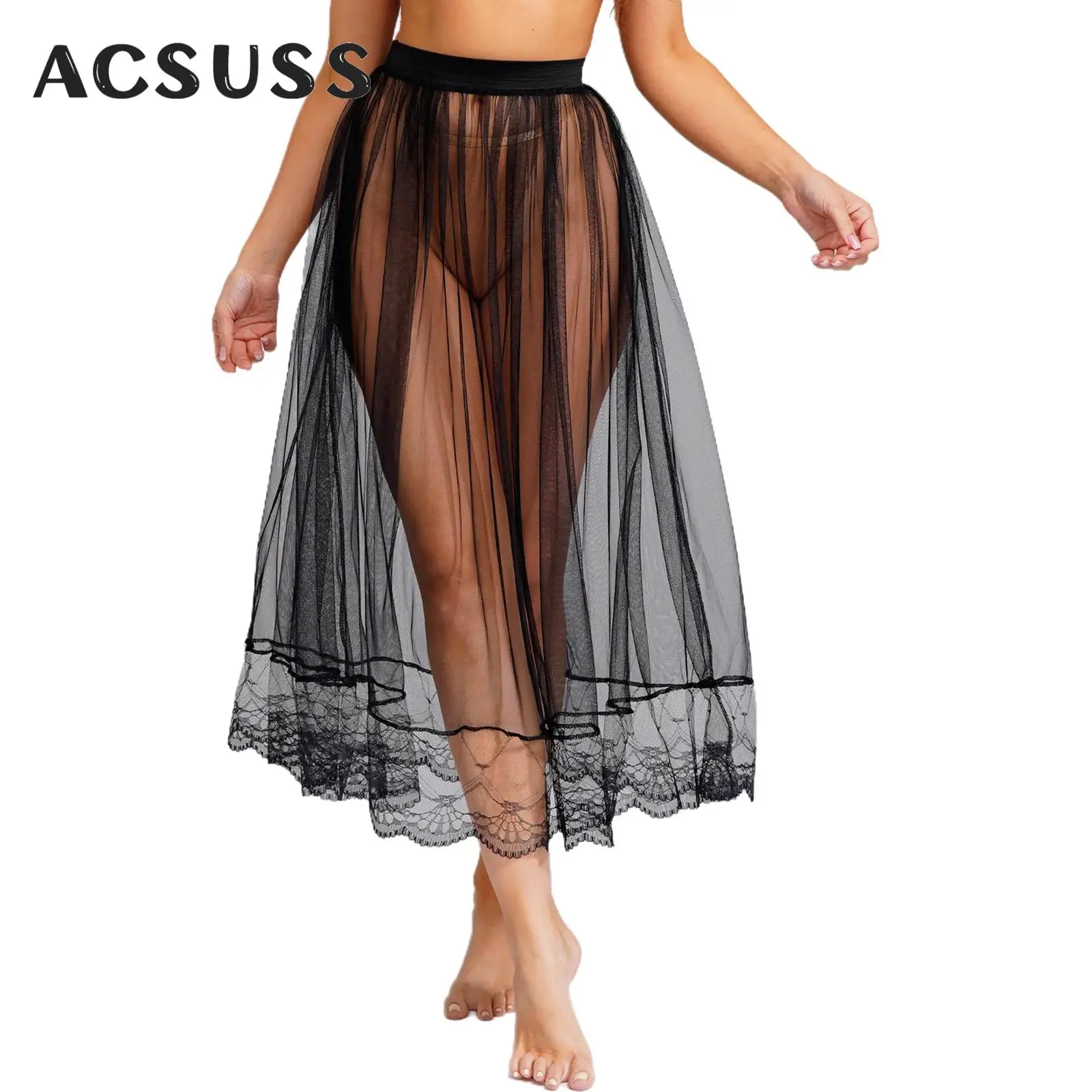 Womens Sheer Mesh Bikini Cover Up Skirt Elastic Waistband Lace Trim Tulle Skirts Half Slip Overlay Skirt Underskirt Clubwear