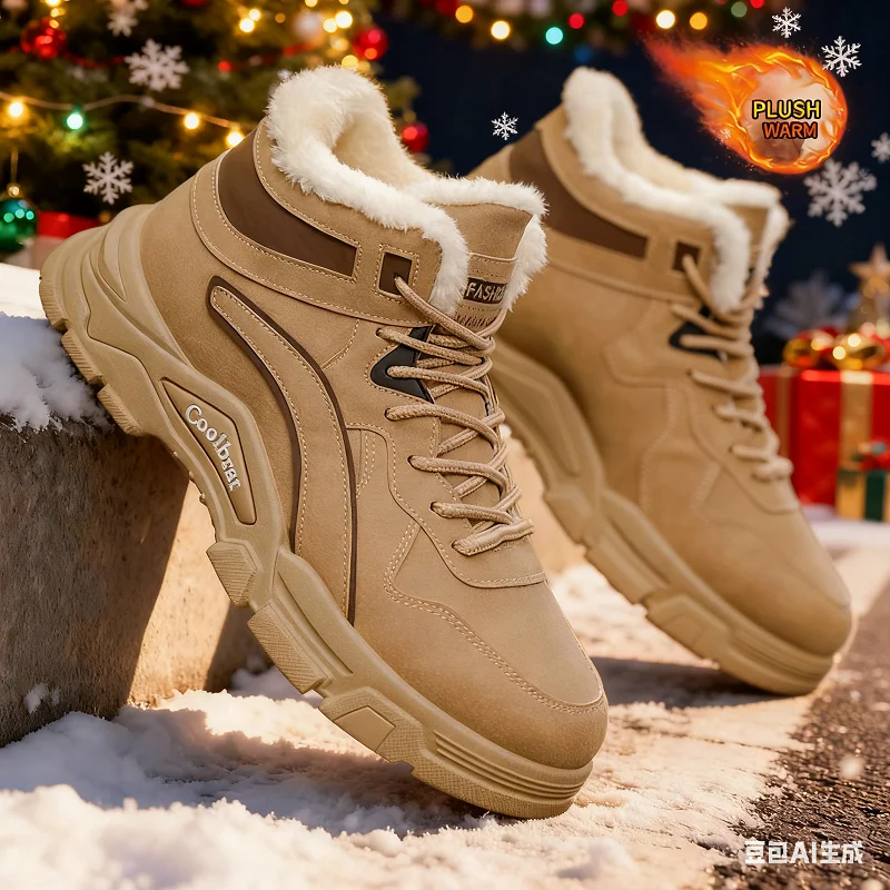 Venda de Natal: Botas de neve masculinas, sapatos quentes promocionais de inverno forrados de lã e engrossados para acampamento ao ar livre, pesca e caça