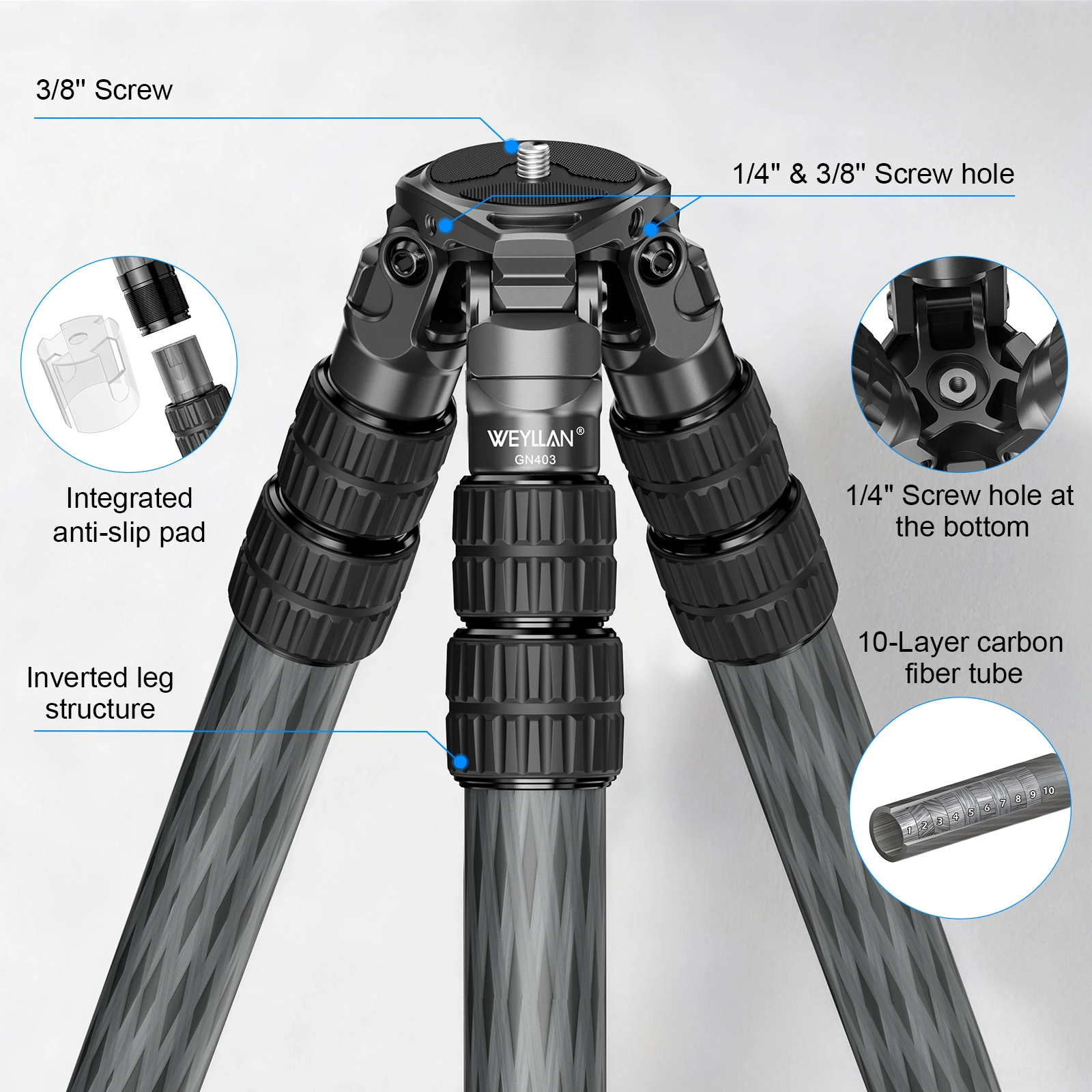 WEYLLAN GN403 Carbon Fiber Hunting Tripod Inverted Carbon Shooting Tripod 3-Section Legs 10-Layer Tube Max Load 40kg