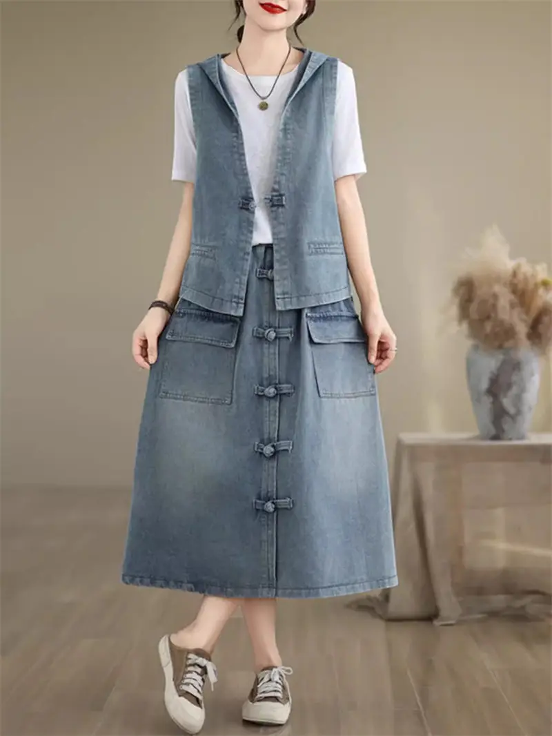 Retro Chinese Style Denim Vest Skirt Outfits 2024 Summer Loose Oversized Women's Clothing Jeans Skirt Suit Two Piece Set K1566