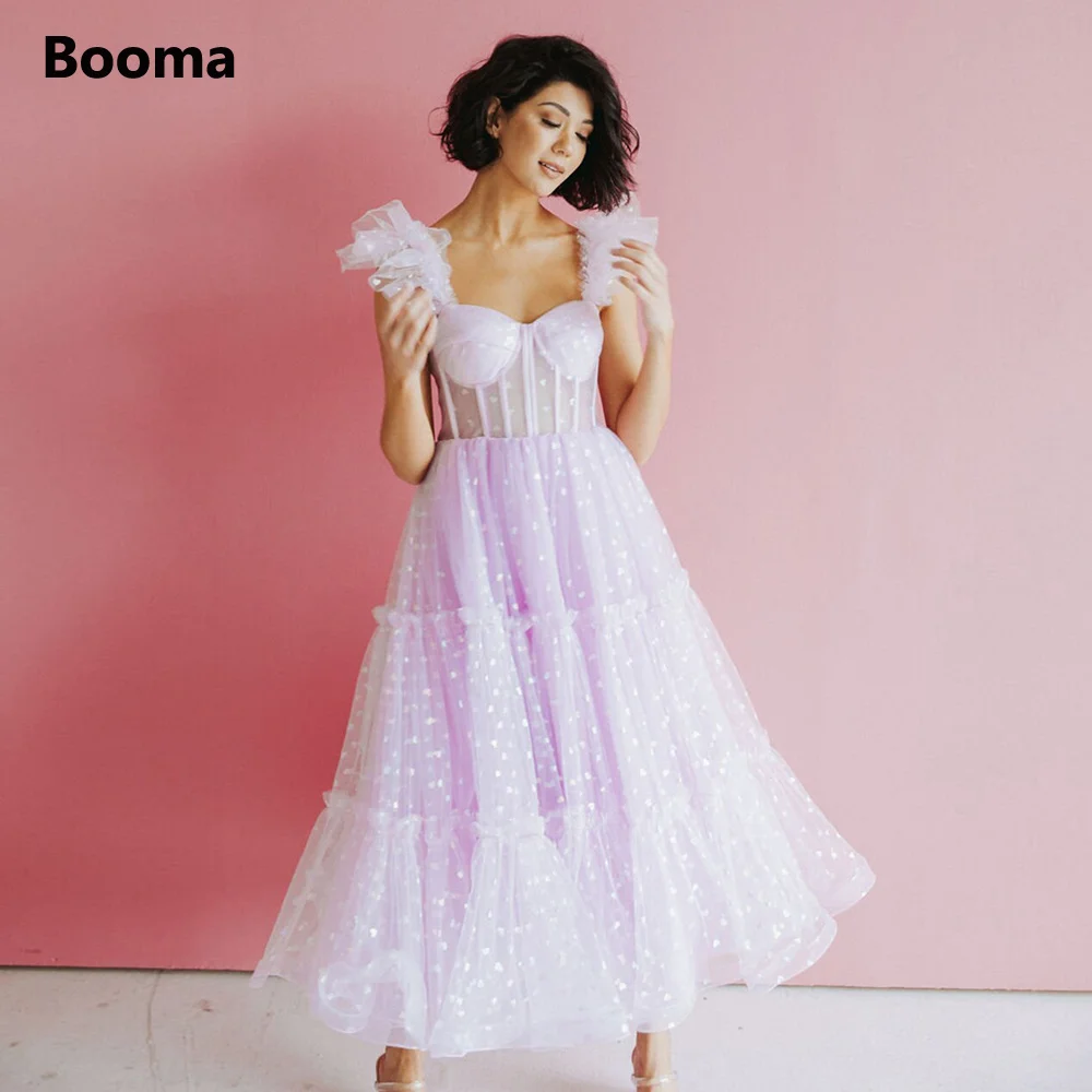 Booma Lavender Hearty Tulle Midi Prom Dresses Sweetheart Ruffle Sleeves Corset Bustier Tea-Length A-Line Wedding Party Dresses