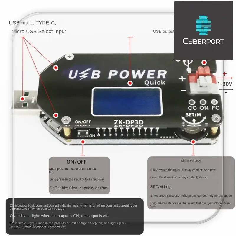 ZK-DP3D CNC USB Power Supply Module 1-30V 2A 15W Constant Voltage Current USB TYPE-C DC Converter