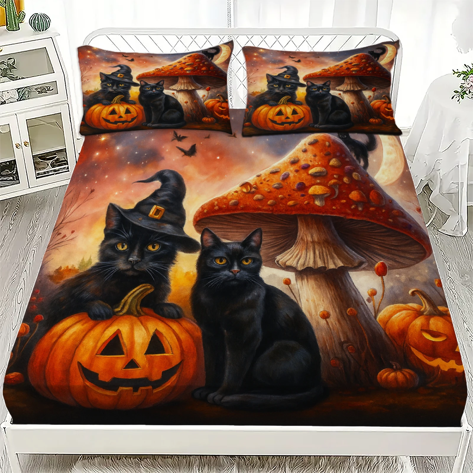 3pcs Halloween Fitted Sheet Set Black Cat Ghost Print 100% Polyester Soft Bedding Set for Home Halloween Decor with 2 Pillowcase