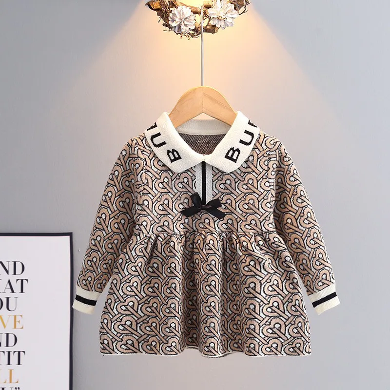 

Girls' Sweater Korean Knitted Dress Autumn/Winter New Children's Love Letter Bow Dress