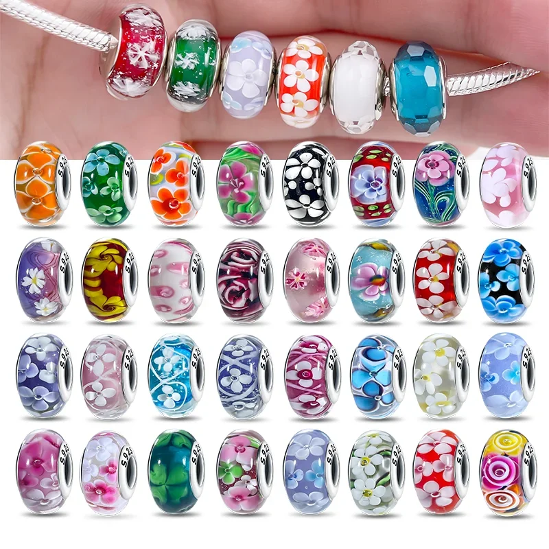 Cuentas de cristal de Murano de la serie de flores coloridas de plata 925, abalorio de lujo compatible con Pulsera Original, cristal de Murano DIY para mujer, regalo de joyería