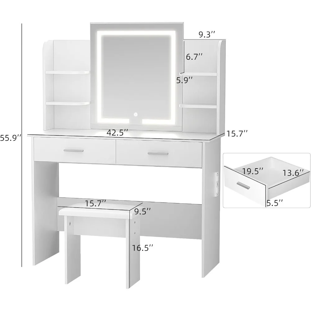 SMOOL Vanity with Lighted Mirror, Makeup Vanity Desk with Power Outlet, 3 Color Light Options Adjustable Brightness