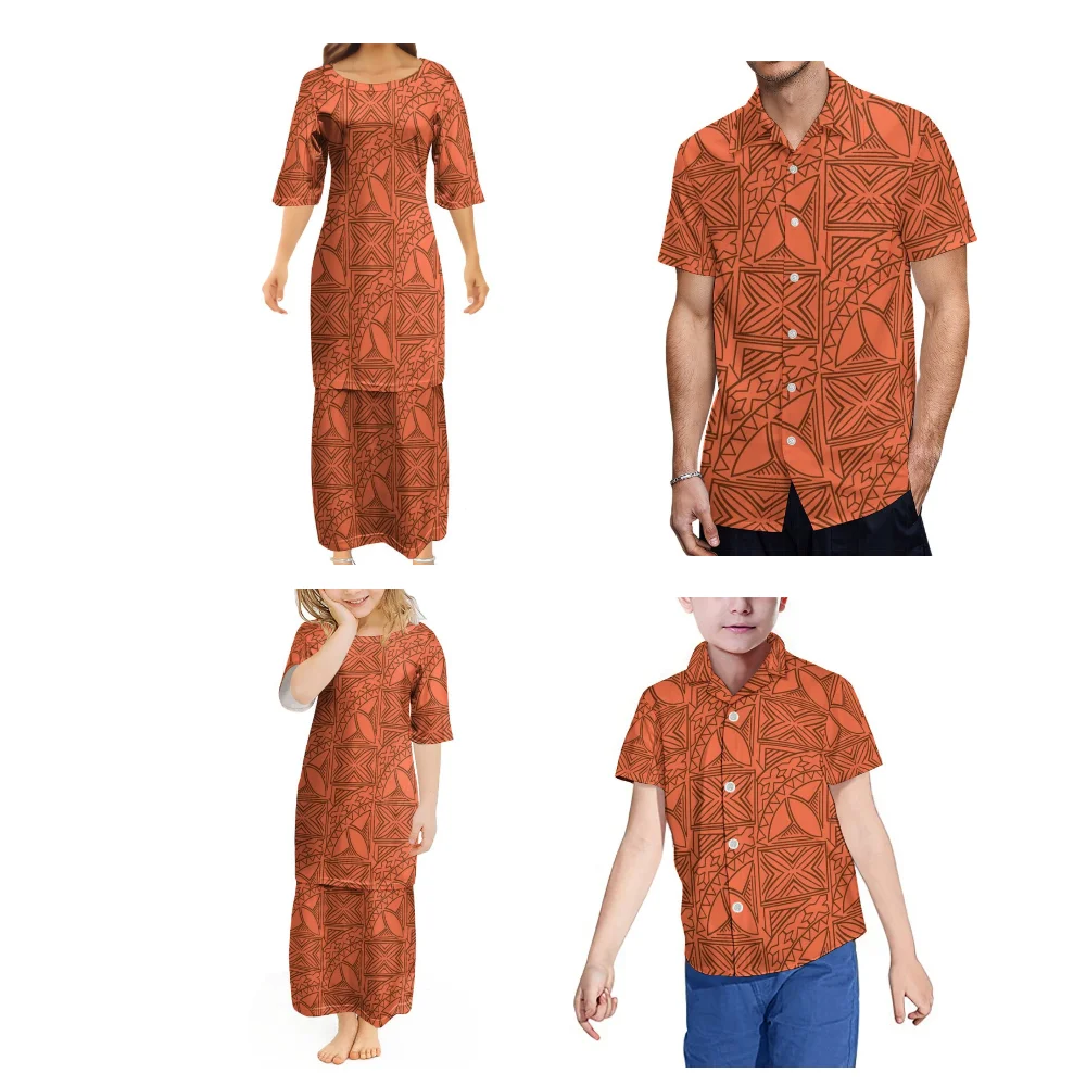 Father Mother Son Daughter Family Set Polynesian Traditional Print Custom Summer Short Sleeve Dress Puletasi Dress Men'S Shirt