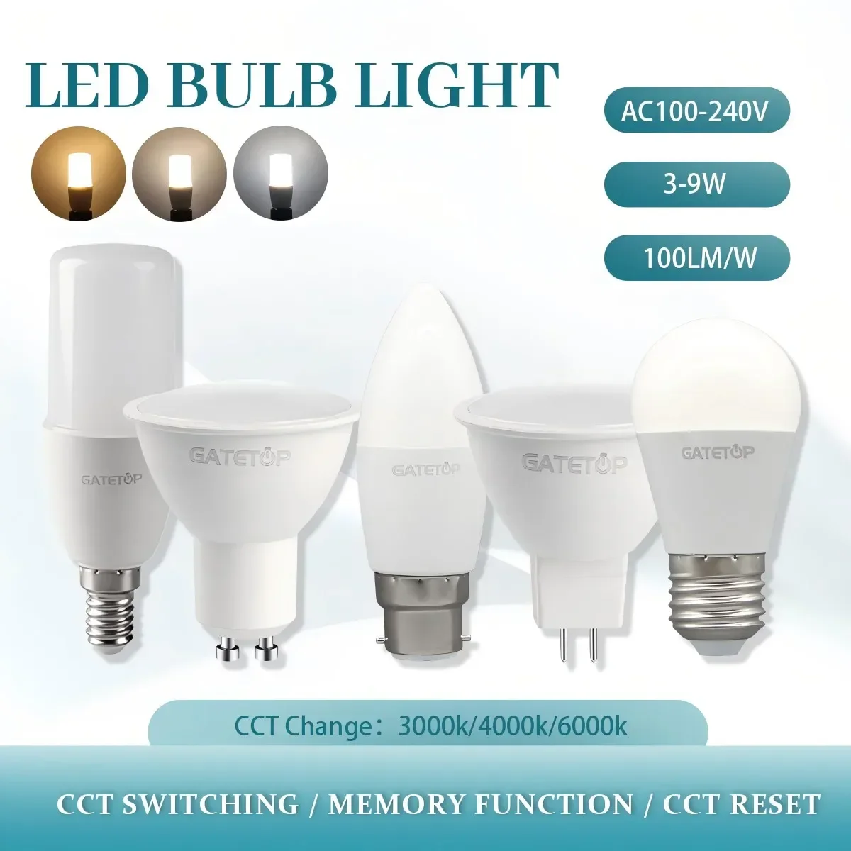 

6pcs LED light Bulb Colour Changing Light CCT(3000K 4000K 6000K) E27 B22 E14 GU10 GU5.3 Base spotlight for home living room