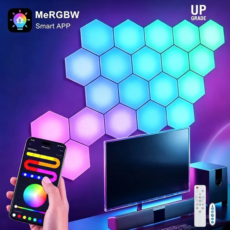 RGB Smart Hexagonal Wall Lamp DIY Modular Splicing APP Music Sync Color Changing LED Night Light for Gaming Room Bedroom Decor