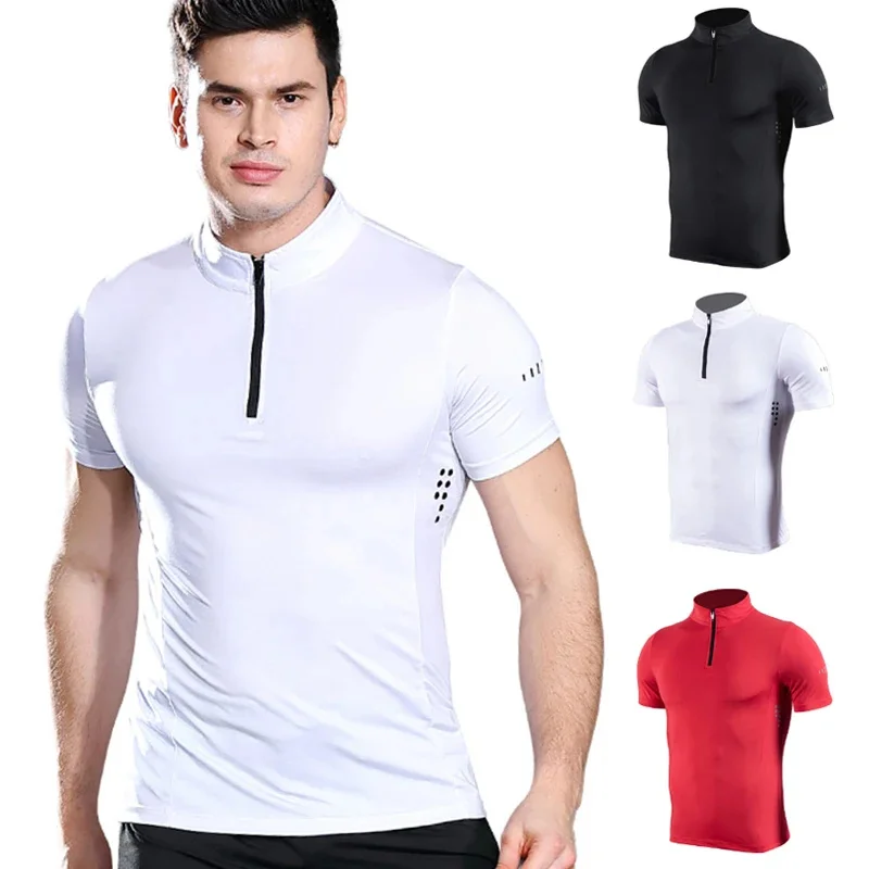 

Men Half Zipper Compression t Shirts Bodybuilding Gym Tshirt Man Quick Drying Football Shirt Running Fitness Top Male Sportswear