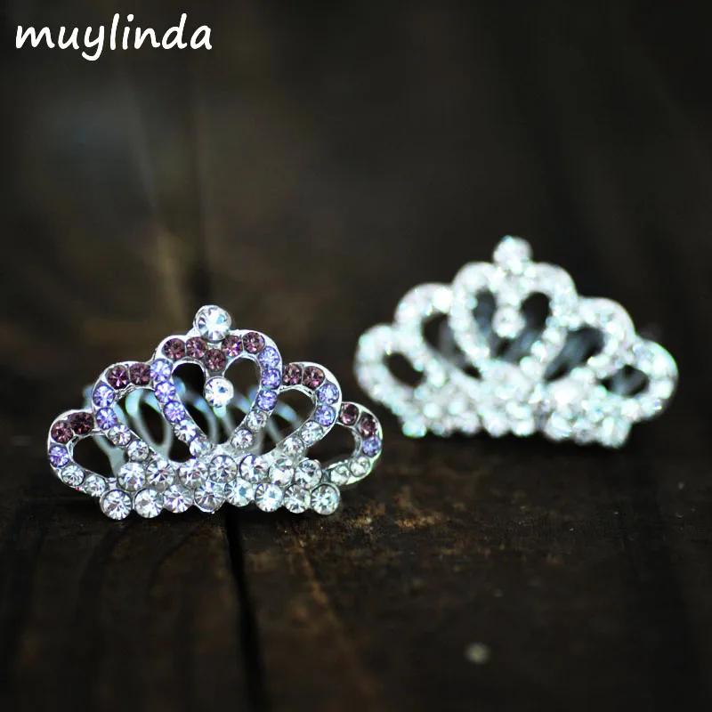 Colorful Rhinestone Metal Mini Crown Hair Combs For Girls Fashion Flower Girl Party Hairs Tiara Headwear Accessories