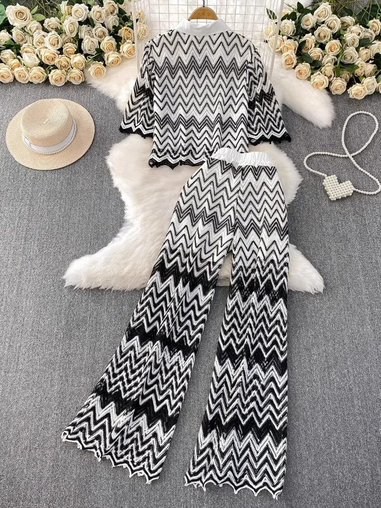 Aushöhlen Spitze Anzug Gestreifte Gestrickte Urlaub Strand 2-teiliges Set Frauen Lose Revers Hemd Tops + Hohe Taille Bogen spleißen Hosen Sets