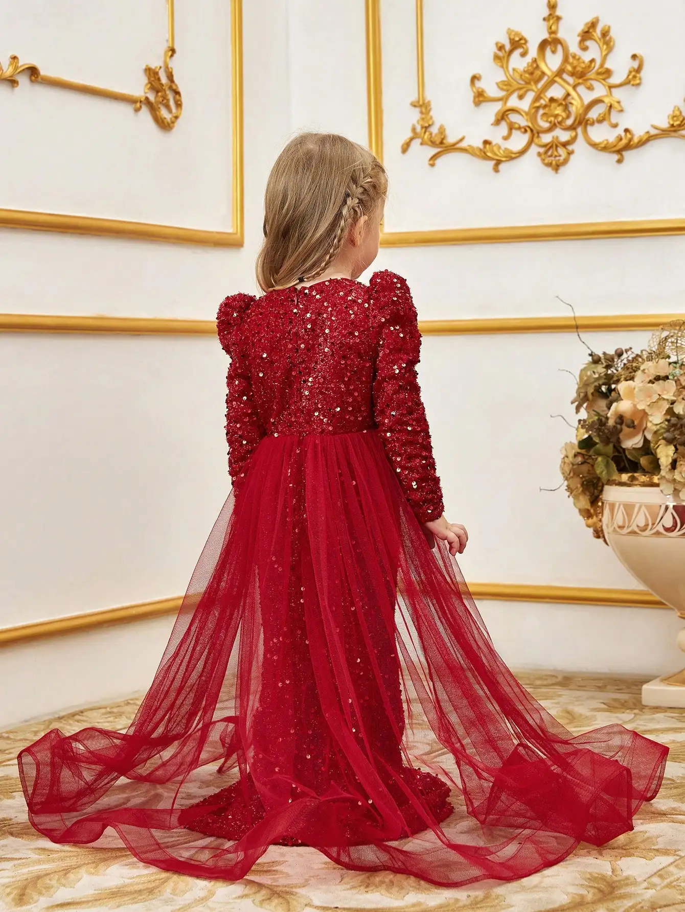 Vネックのレッグオブマトン袖メッシュとスパンコールのフラワーガールドレス