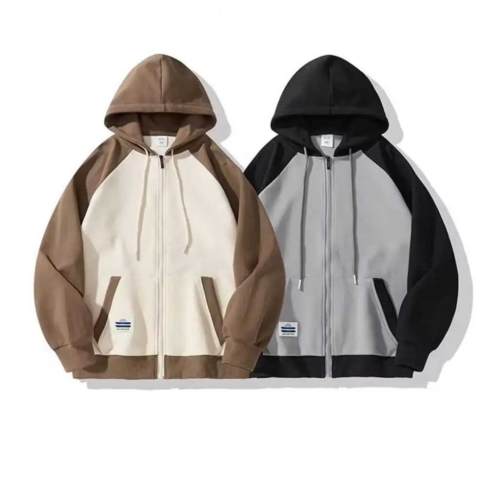 Thick Plush Coat Men's Hooded Plush Winter Coat with Zipper Closure Drawstring Pockets Thick Loose Fit Mid Length for Fall