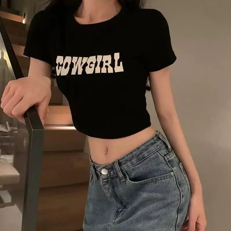 

Лето 2022, женская футболка с круглым вырезом Y2k, модный облегающий укороченный топ, укороченный топ с надписью и короткими рукавами, женские футболки Kpop