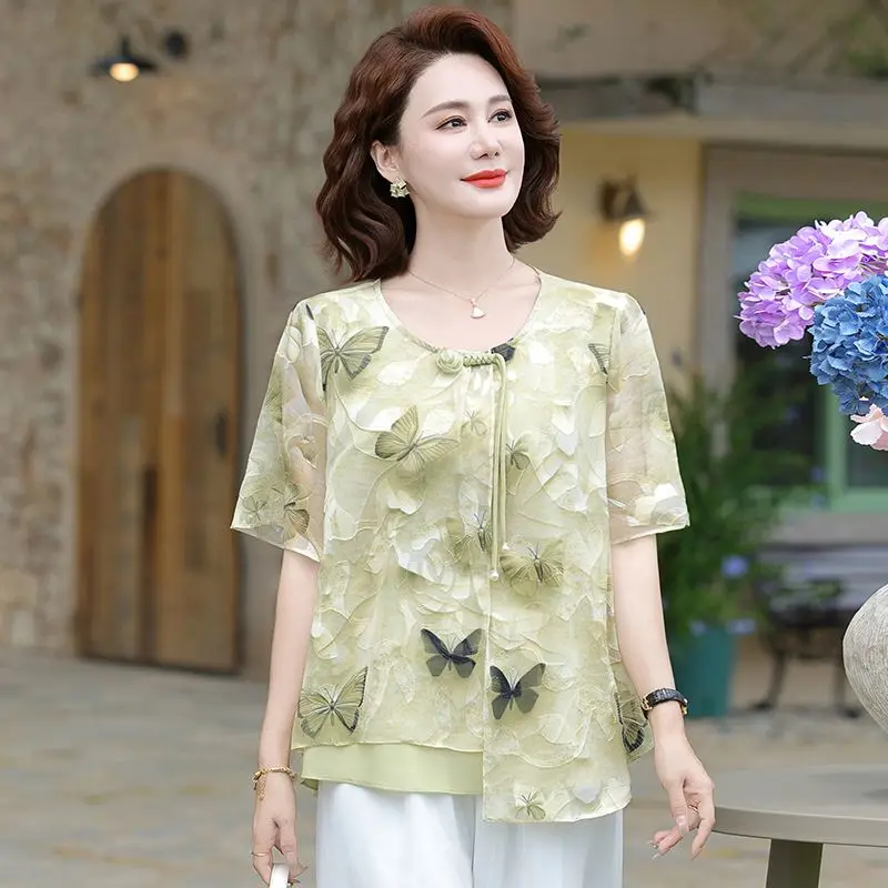 

Women's New Spliced Round Neck Printed Chinese Style T-shirt Short-sleeved Top