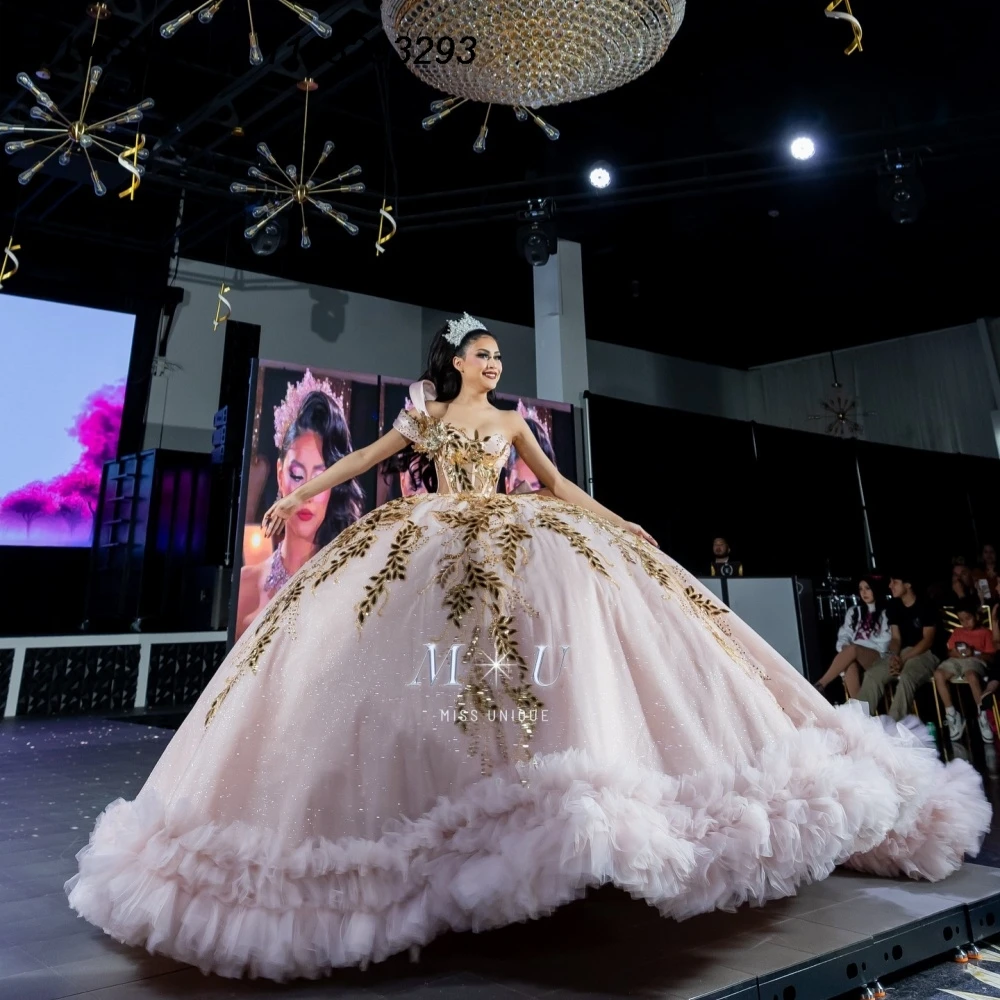 

EVLAST Customized Mexican Pink Quinceanera Dress Ball Gown Shiny Sequins Applique Beaded Sweet 16 Vestidos De 15 Anos E1QN474
