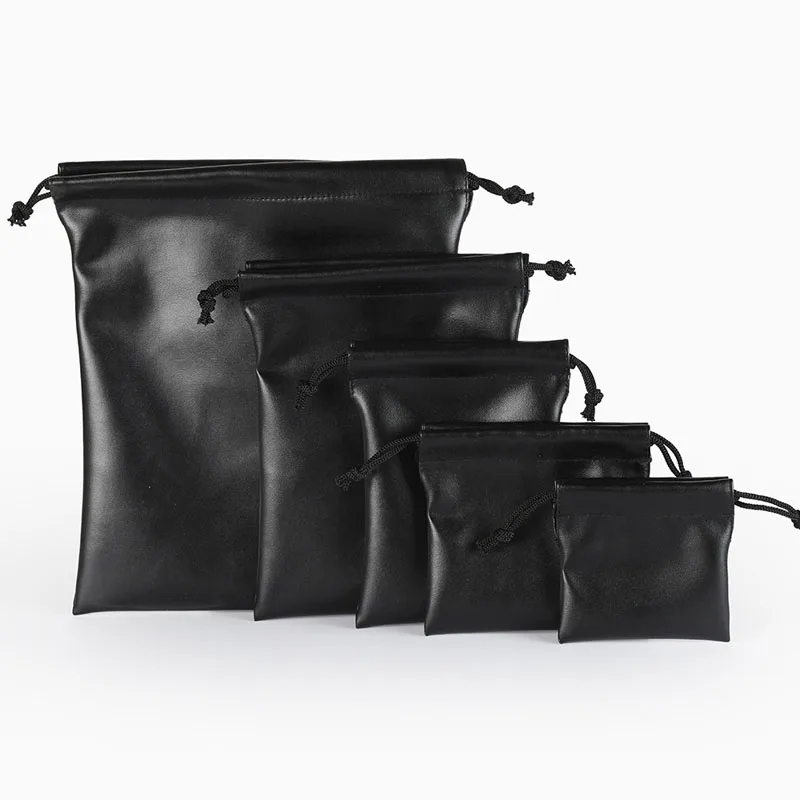 20pcs/lot 7x8, 9x9, 12x11cm Drawstring Black PU Leather Bags Jewelry Gift Pouches Valentine Christmas Gift Packing Bag