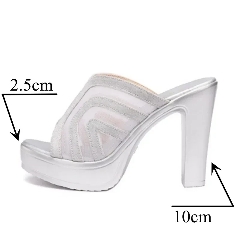 10cm Small Size 32-43 Fashion Glitter Mesh Leather Slippers Summer Shoes 2024 Block High Heels Slides Platform for Office Party