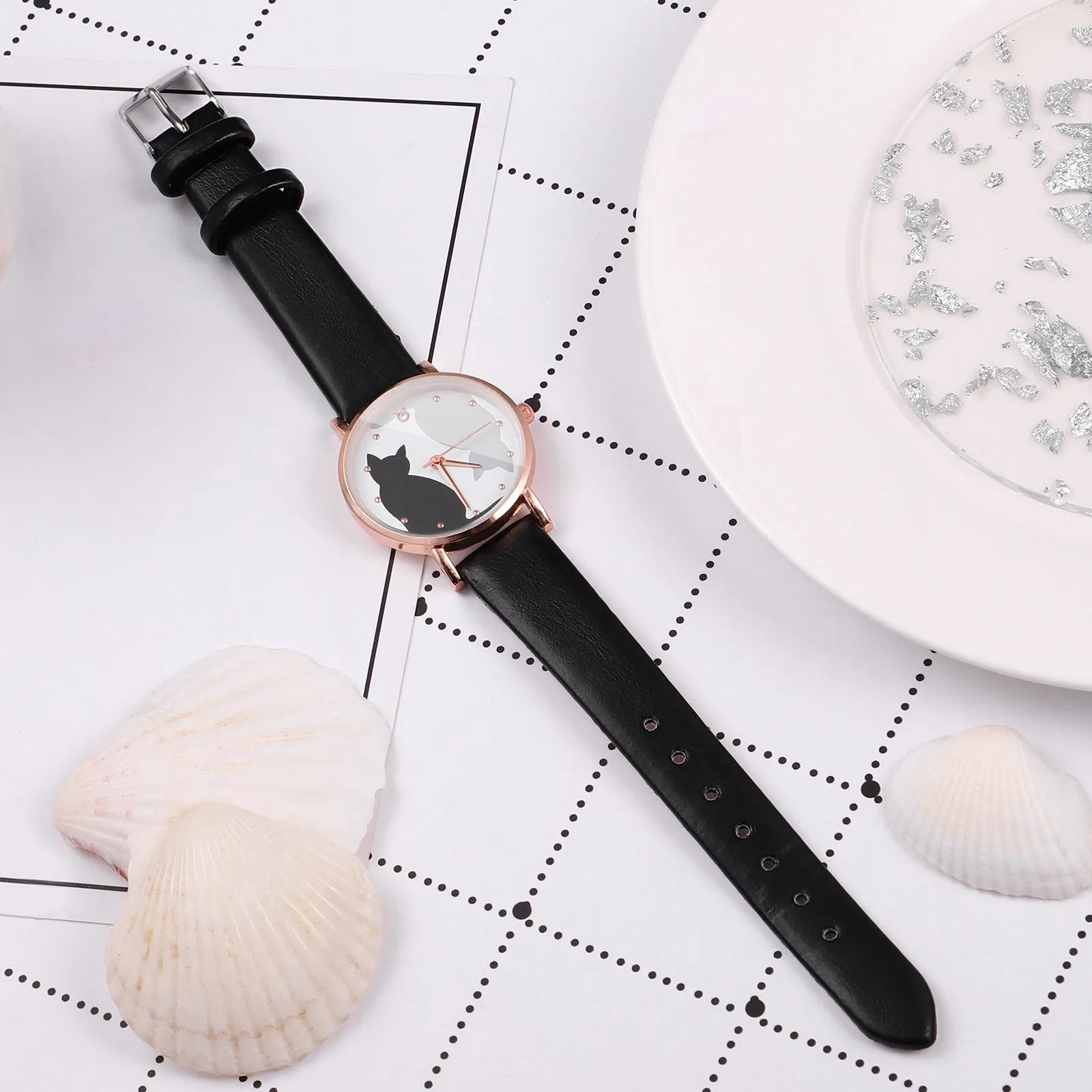 Cartoon Cat Kids Watch Black Faux Strap Quartz Accurate Time Wrist Watch Easy Read Fashion Children Gift
