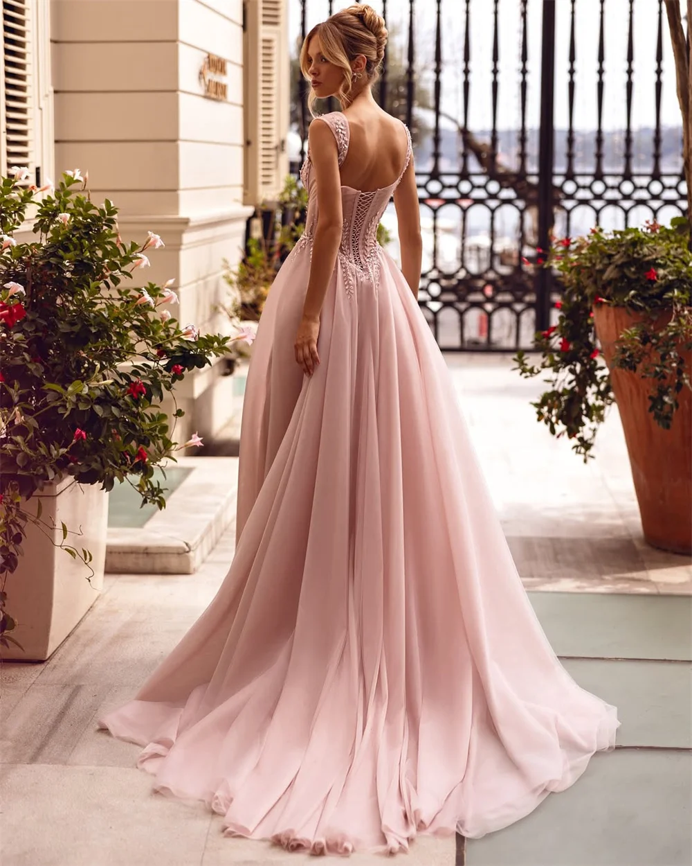 Cathy Pink Beaded Sweetheart Prom Dress Leaf Straps A-line Long Train vestidos de noiva Customized Lace-up Back Evening Dresses image 2