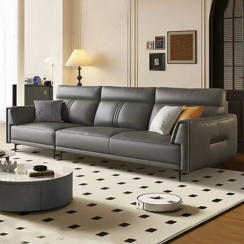 Italian minimalist genuine leather sofa, modern minimalist living room, small home layout, vertical row high legs