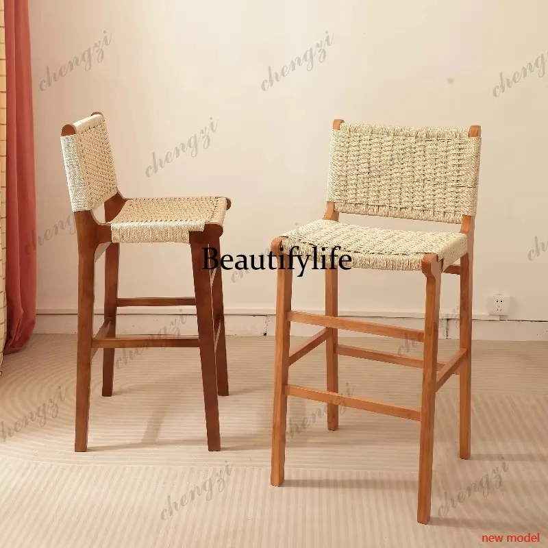 Taburetes de Bar de Madera Tejida, Minimalistas, Modernos, Nórdicos, para Comedor, con Respaldo, Diseño Alto, Banqueta, Muebles para el Hogar F132