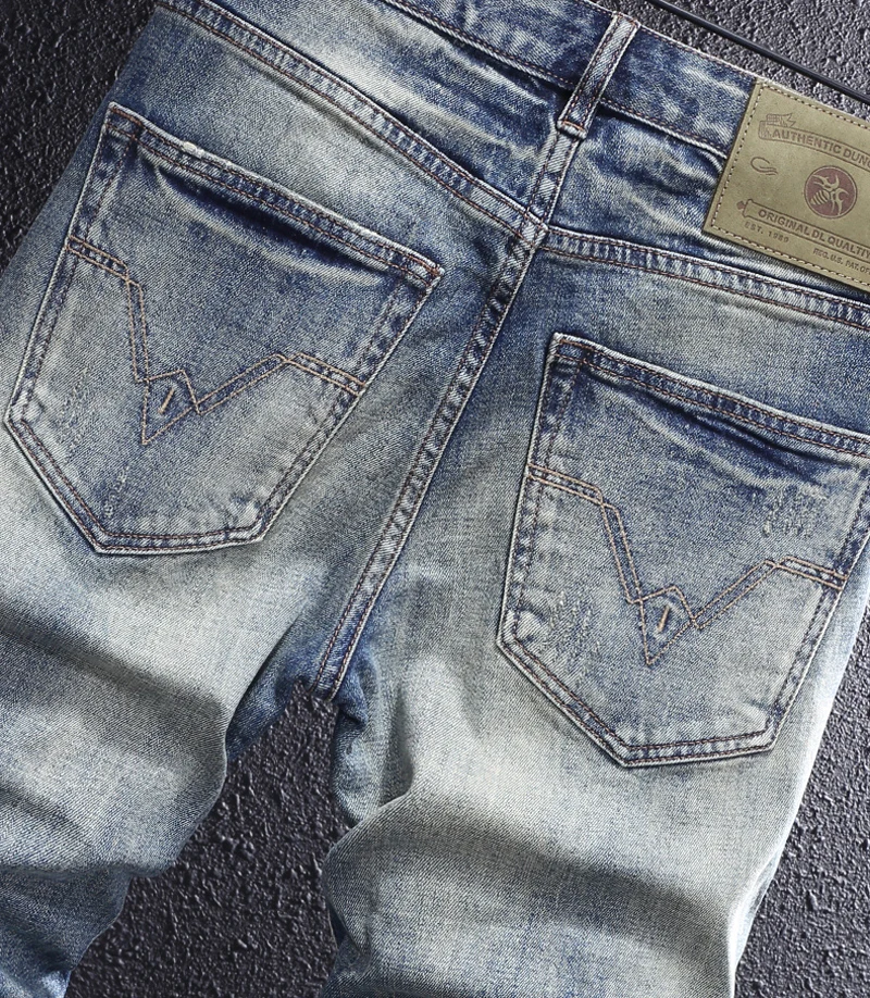 Italian Style Fashion Men Jeans High Quality Retro Blue Elastic Slim Fit Ripped Jeans Men Vintage Trousers Designer Denim Pants